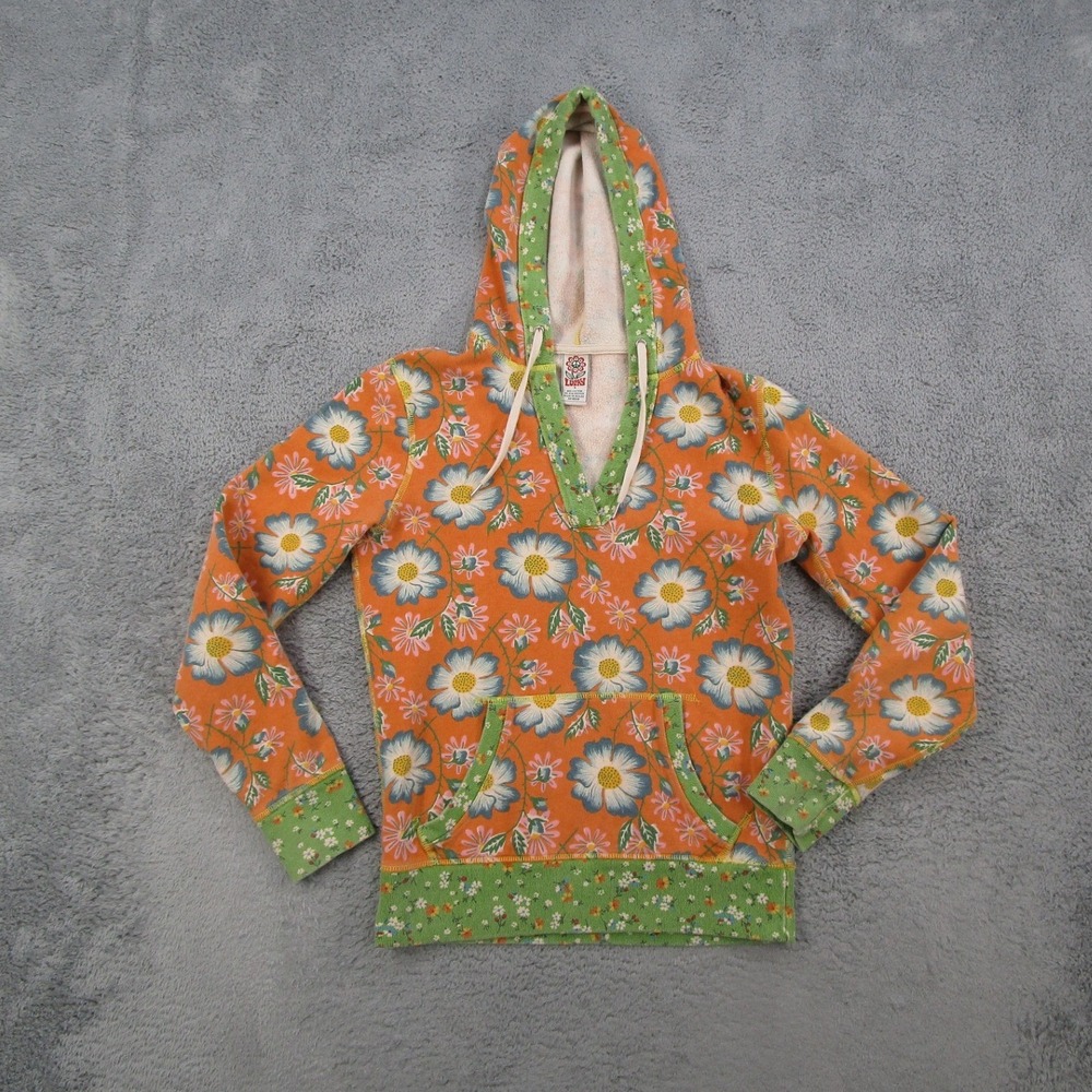 Vintage Lucky Brand Women Orange Floral Pullover Hoodie V-Neck Sweatshirt Small